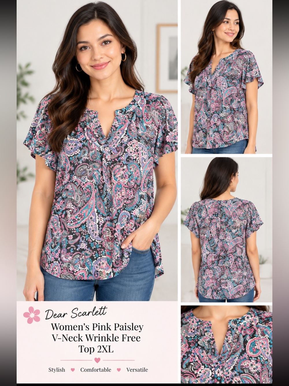 Dear Scarlett Women's Pink Paisley V-Neck Wrinkle Free Top 2XL